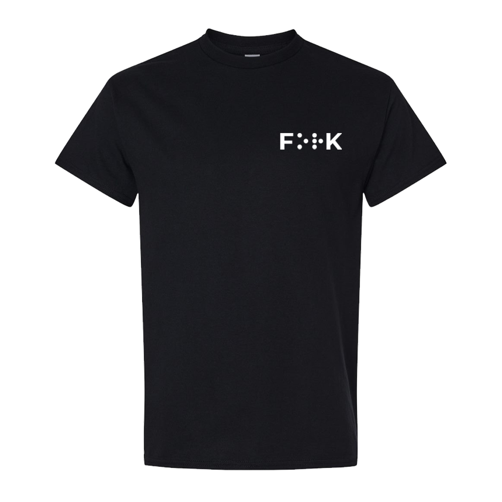 Black adult-sized T-shirt with a classic crewneck and short sleeves. On the pocket area of the left chest is the word “FORK” in bold white lettering, all in tactile puff print. The O and R are rendered as raised braille dots, creating a tactile design that can be felt with fingers. From a distance, the design may look like “F**K,” giving it a playful, cheeky appearance. The shirt is 100% cotton, soft, and has a classic fit with taped shoulders and neck for comfort.