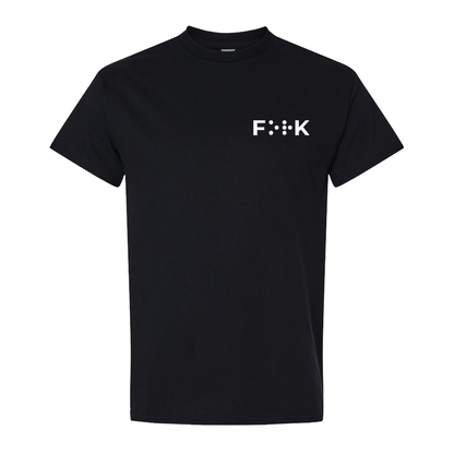Black adult-sized T-shirt with a classic crewneck and short sleeves. On the pocket area of the left chest is the word “FORK” in bold white lettering, all in tactile puff print. The O and R are rendered as raised braille dots, creating a tactile design that can be felt with fingers. From a distance, the design may look like “F**K,” giving it a playful, cheeky appearance. The shirt is 100% cotton, soft, and has a classic fit with taped shoulders and neck for comfort.
