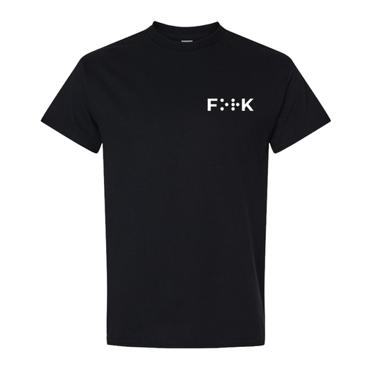 Black adult-sized T-shirt with a classic crewneck and short sleeves. On the pocket area of the left chest is the word “FORK” in bold white lettering, all in tactile puff print. The O and R are rendered as raised braille dots, creating a tactile design that can be felt with fingers. From a distance, the design may look like “F**K,” giving it a playful, cheeky appearance. The shirt is 100% cotton, soft, and has a classic fit with taped shoulders and neck for comfort.
